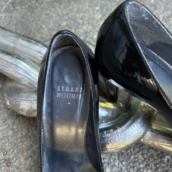 Stuart Weitzman Black Patent Leather Peep Toe Heels Size 6.5 M - Picture 13 of 16